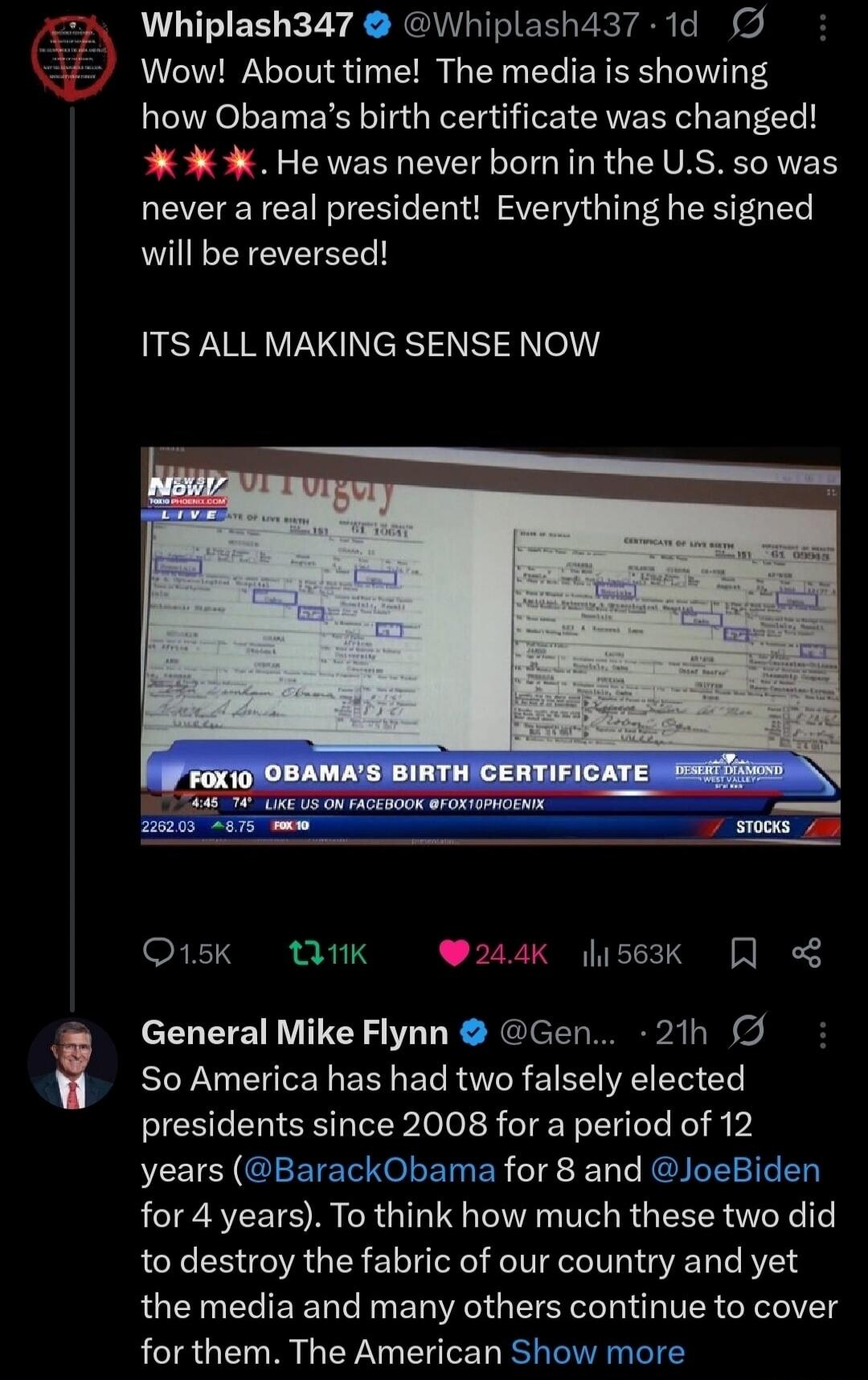 Wow! About time! The media is showing how Obama’s birth certificate was changed! He was never born in the U.S. so was never a real president! Everything he signed will be reversed! ITS ALL MAKING SENSE NOW

[Video screenshot: FOX 10 OBAMA’S BIRTH CERTIFICATE]

So America has had two falsely elected presidents since 2008 for a period of 12 years (@B