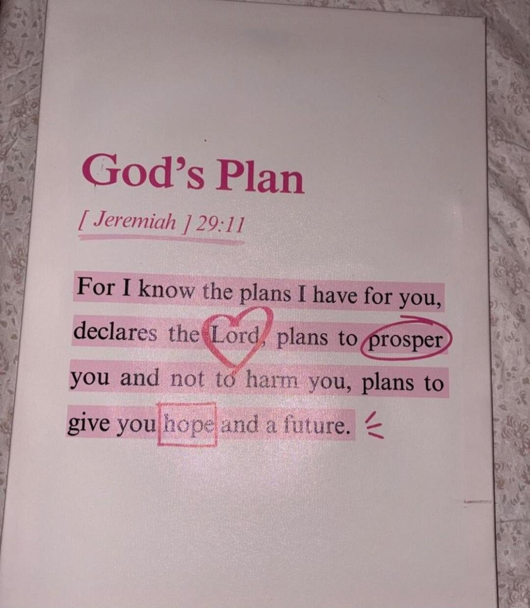 God's Plan [ Jeremiah ] 29:11 For I know the plans I have for you, declares the Lord, plans to prosper you and not to harm you, plans to give you hope and a future.