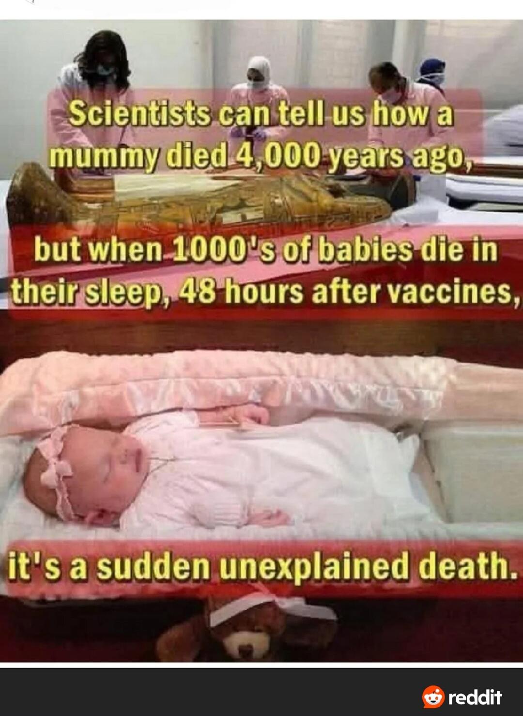 Scientists can tell us how a mummy died 4,000 years ago, but when 1000's of babies die in their sleep, 48 hours after vaccines, it's a sudden unexplained death.