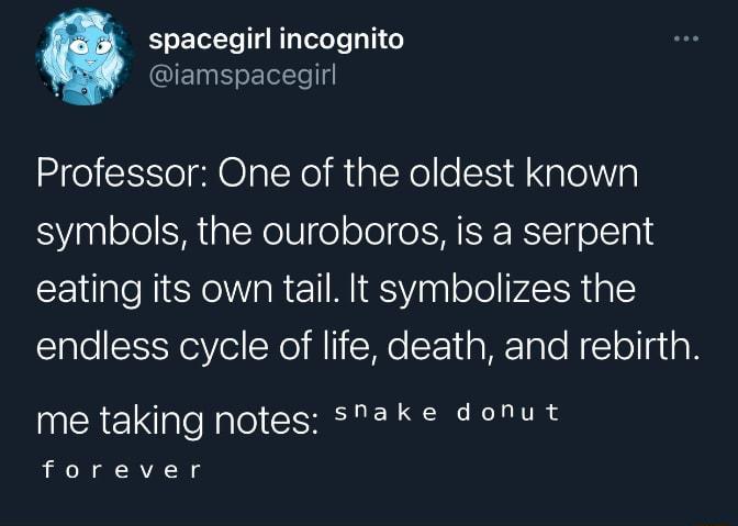 spacegirl incognito iamspacegirl Professor One of the oldest known symbols the ouroboros is a serpent eating its own tail It symbolizes the endless cycle of life death and rebirth me taking notes sake donut forever