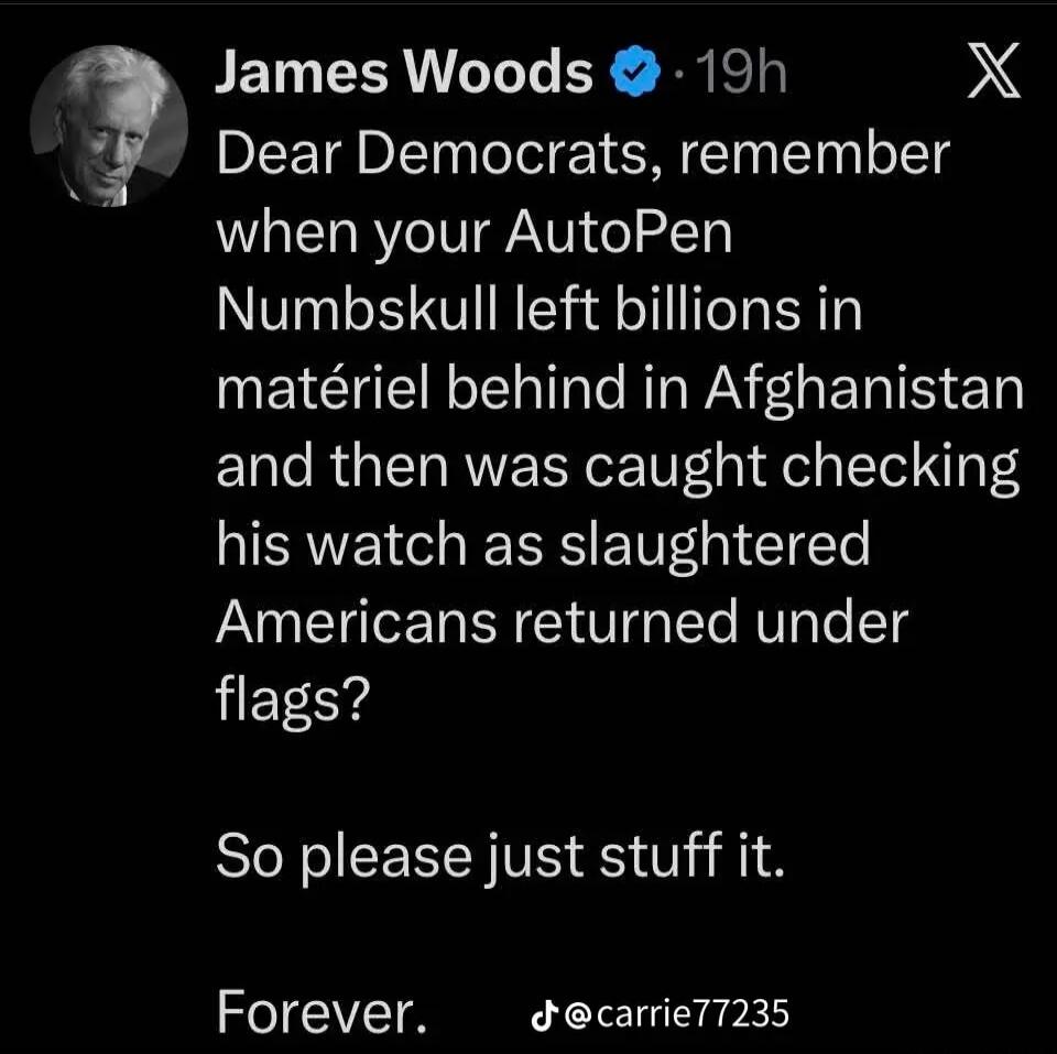 James Woods. Dear Democrats, remember when your AutoPen Numbskull left billions in matériel behind in Afghanistan and then was caught checking his watch as slaughtered Americans returned under flags? So please just stuff it. Forever. @carrie77235
