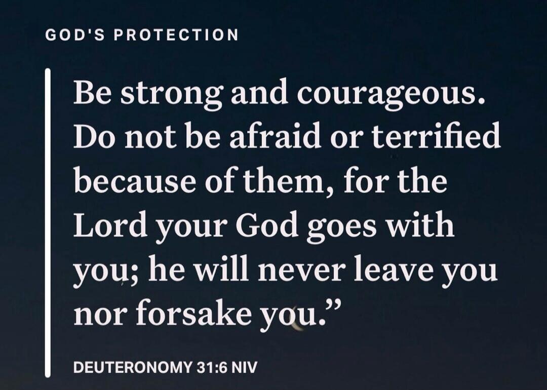 GOD'S PROTECTION Be strong and courageous. Do not be afraid or terrified because of them, for the Lord your God goes with you; he will never leave you nor forsake you. DEUTERONOMY 31:6 NIV