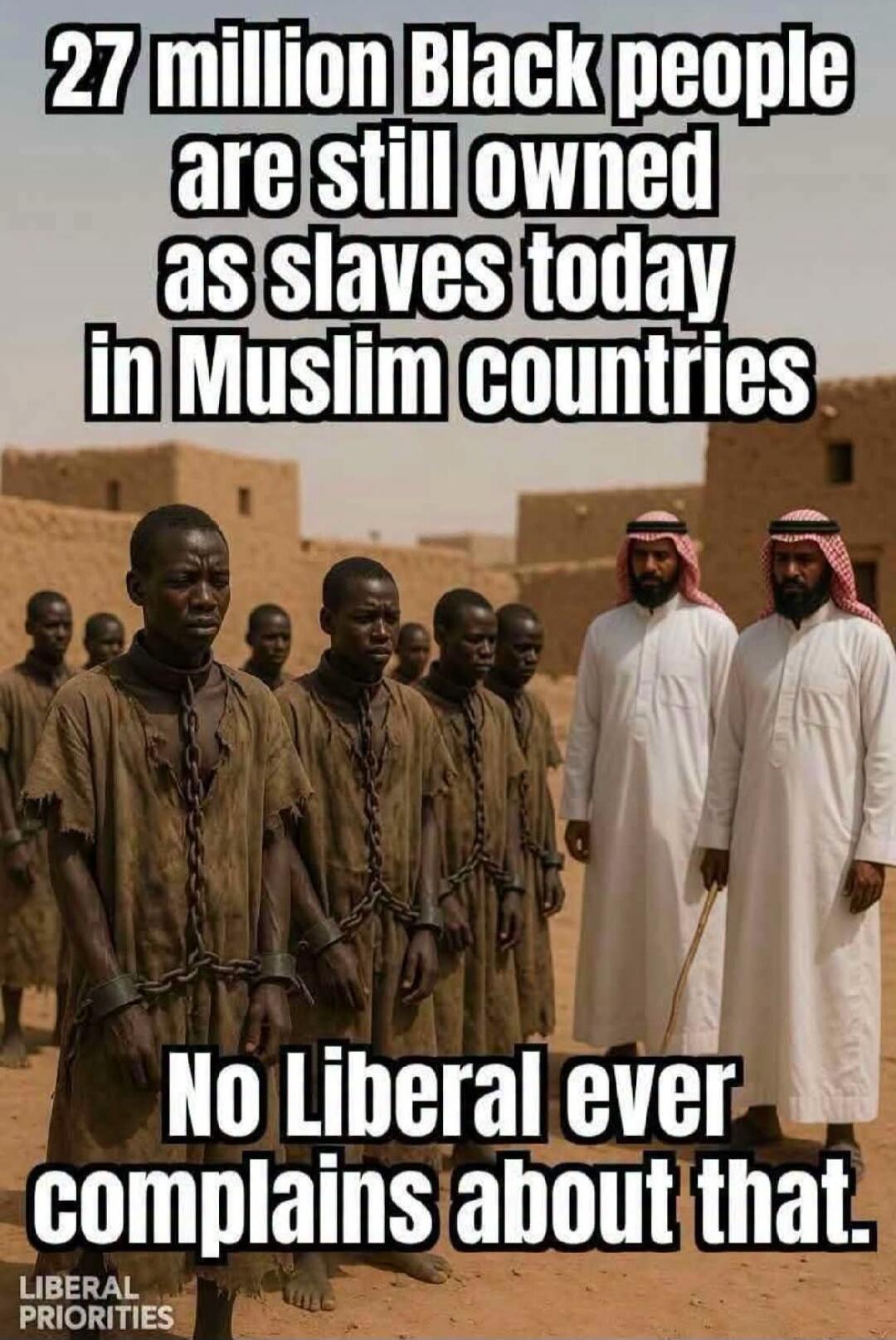 27 million Black people are still owned as slaves today in Muslim countries. No Liberal ever complains about that. LIBERAL PRIORITIES