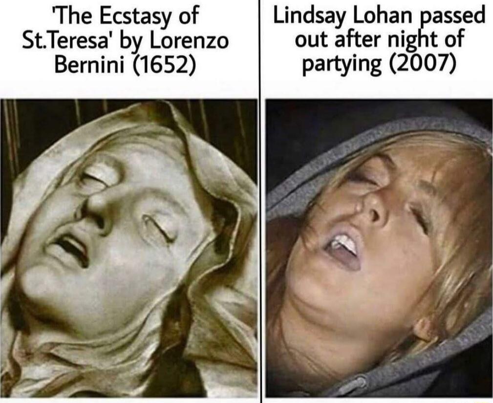 The Ecstasy of Lindsay Lohan passed StTeresa by Lorenzo out after night of Bernini 1652 partying 2007