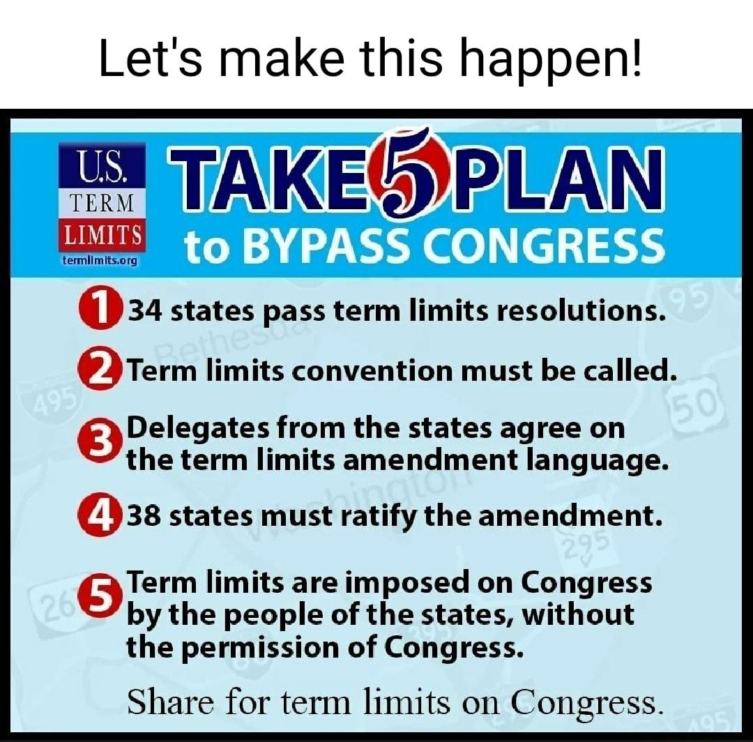 Lets make this happen SITAKEGPIAN IMIT termlimitsorg 034 states pass term limits resolutions gTerm limits convention must be called gDeIegates from the states agree on the term limits amendment language 38 states must ratify the amendment eTerm limits are imposed on Congress by the people of the states without the permission of Congress Share for term limits on Congress