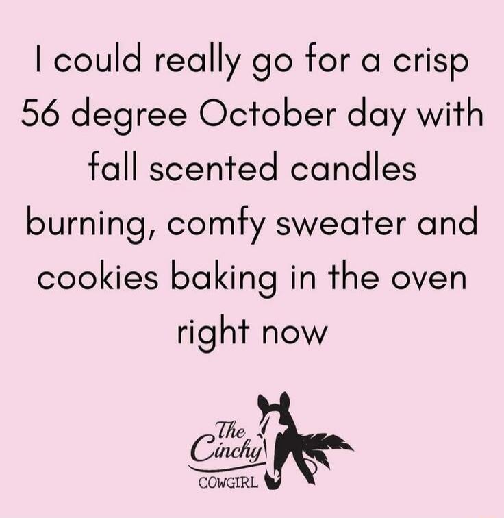 I could really go for a crisp 56 degree October day with fall scented candles burning, comfy sweater and cookies baking in the oven right now The Cinchy Cowgirl