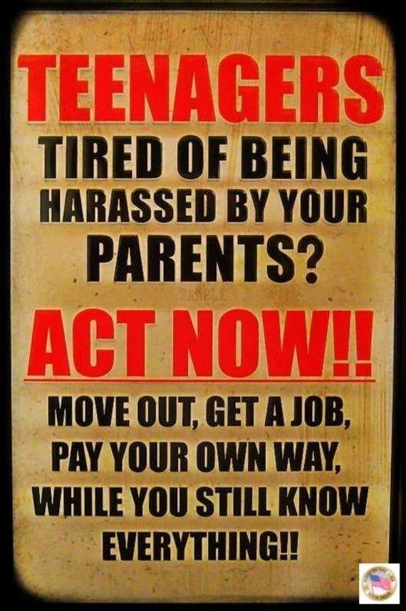 TIRED OF BEING HARASSED BY YOUR PARENTS MOVE OUT GET A JOB PAY YOUR OWN WAY WHILE YOU STILL KNOW EVERYTHING