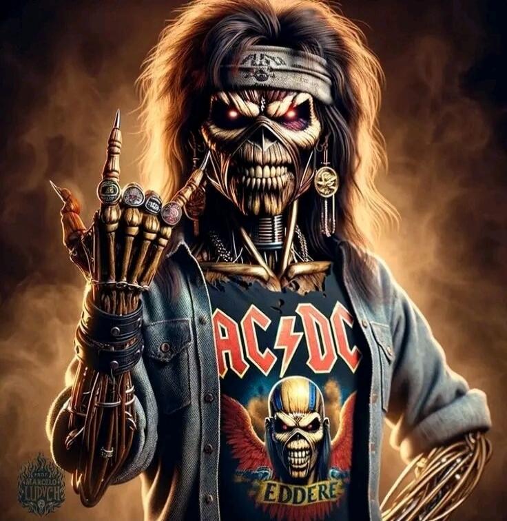 AC/DC and EDDERE (on the shirt) accompanied by a skeletal figure giving the middle finger.