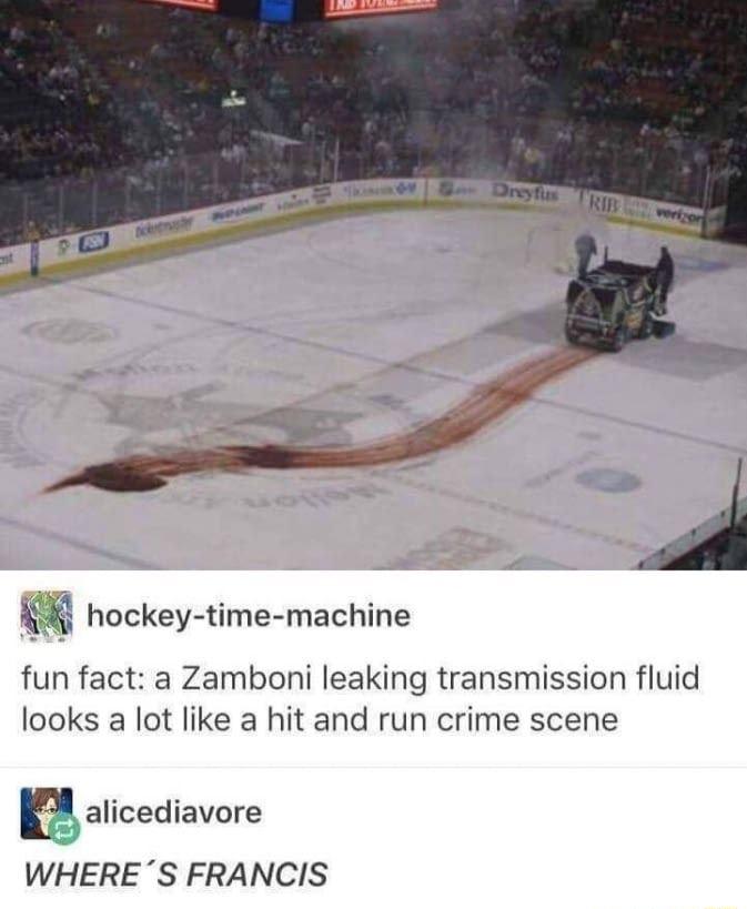 hockey time machine fun fact a Zamboni leaking transmission fluid looks a lot like a hit and run crime scene alicediavore WHERE S FRANCIS