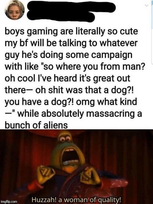 boys gaming are literally so cute my bf will be talking to whatever guy hes doing some campaign with like so where you from man oh cool Ive heard its great out there oh shit was that a dog you have a dog omg what kind while absolutely massacring a bunch of aliens P Huzzah a womanof quality