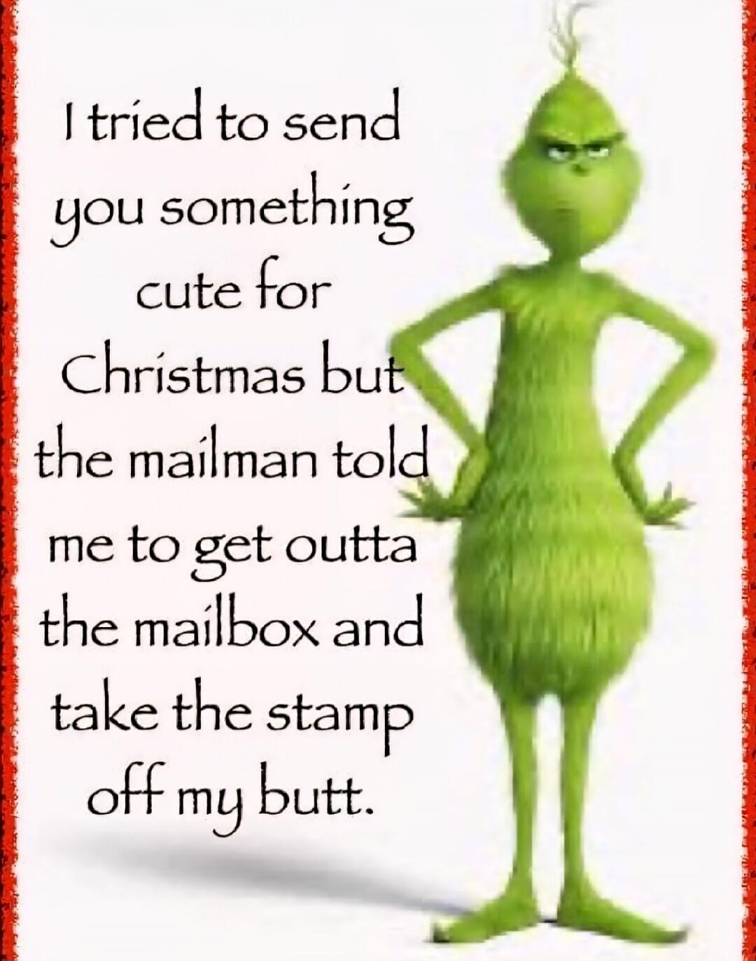 I tried to send you something cute for Christmas but the mailman told me to get outta the mailbox and take the stamp off my butt.