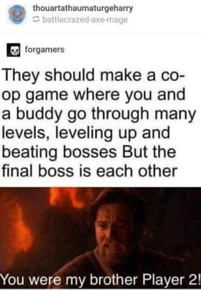 z thouartathaumaturgeharry B forgamers They should make a co op game where you and a buddy go through many levels leveling up and beating bosses But the final boss is each other ou were my brother Player 2