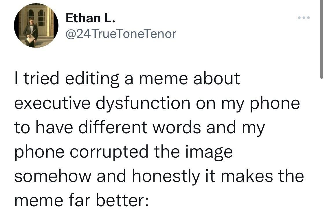 Ethan L 24TrueToneTenor tried editing a meme about executive dysfunction on my phone to have different words and my phone corrupted the image somehow and honestly it makes the meme far better