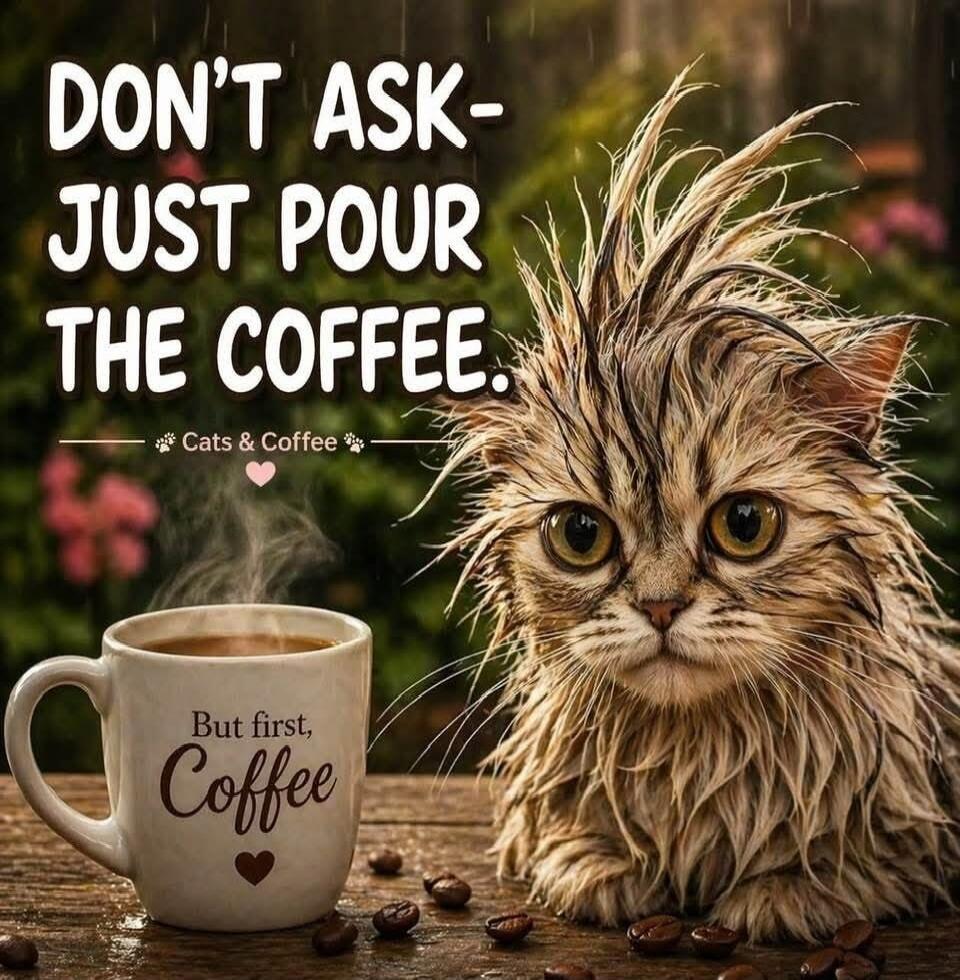 DON'T ASK- JUST POUR THE COFFEE. Cats & Coffee. But first, Coffee