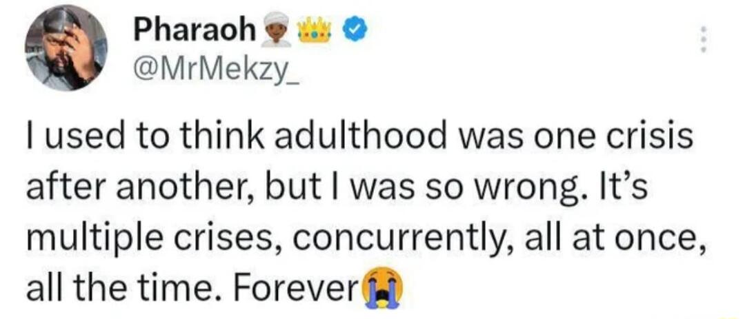 Pharaoh w MrMekzy_ I used to think adulthood was one crisis after another but was so wrong Its multiple crises concurrently all at once all the time Forever