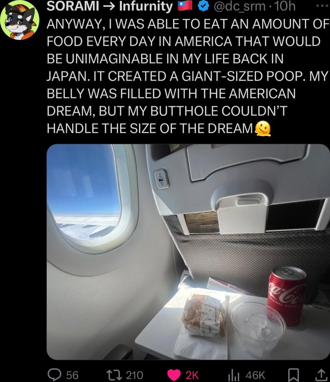 SORAMI Infurnity 8 dc srm 10h EUNZNR RSP TR R o N AN WAV olV h oz FOOD EVERY DAY IN AMERICA THAT WOULD BE UNIMAGINABLE IN MY LIFE BACK IN JAPAN IT CREATED A GIANT SIZED POOP MY BELLY WAS FILLED WITH THE AMERICAN DREAM BUT MY BUTTHOLE COULDNT HANDLE THE SIZE OF THE DREAM Os6 11210 2k