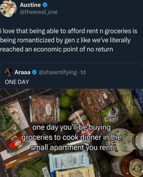 LU GEEEENTE i love that being able to afford rent n groceries is being romanticized by gen z like weve literally reached an economic point of no return Araaa shawntifying 1d ONE DAY