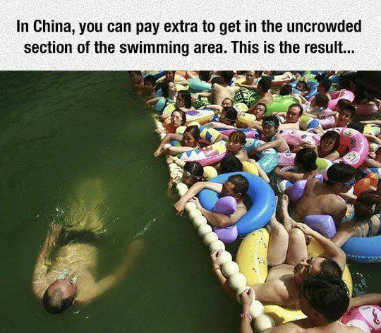 In China you can pay extra to get in the uncrowded section of the swimming area This is the result