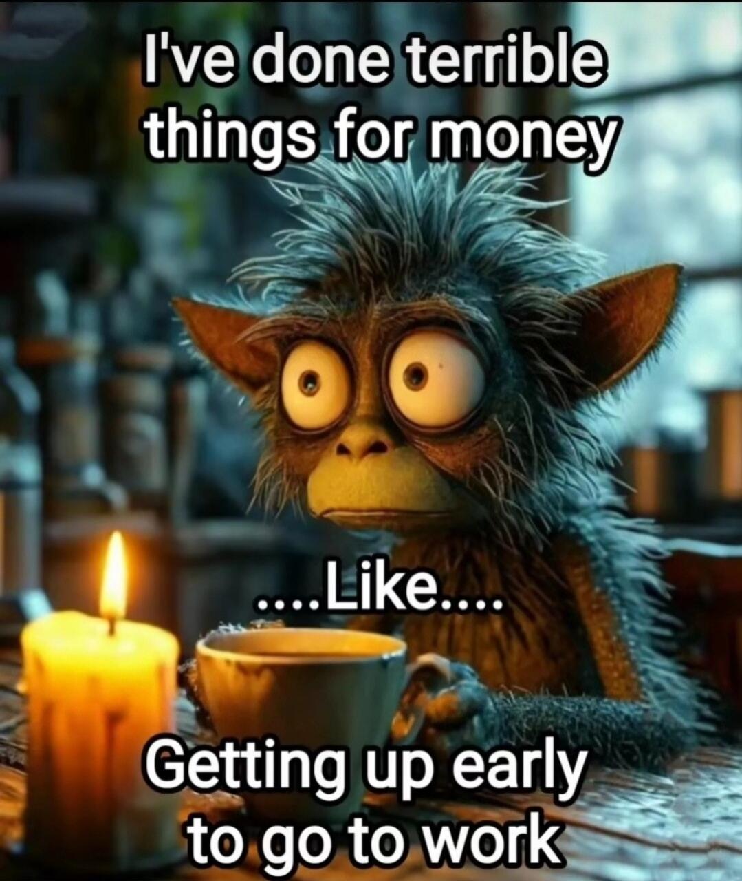 I've done terrible things for money ....Like.... Getting up early to go to work