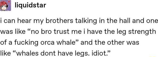 u liquidstar i can hear my brothers talking in the hall and one was like no bro trust me i have the leg strength of a fucking orca whale and the other was like whales dont have legs idiot