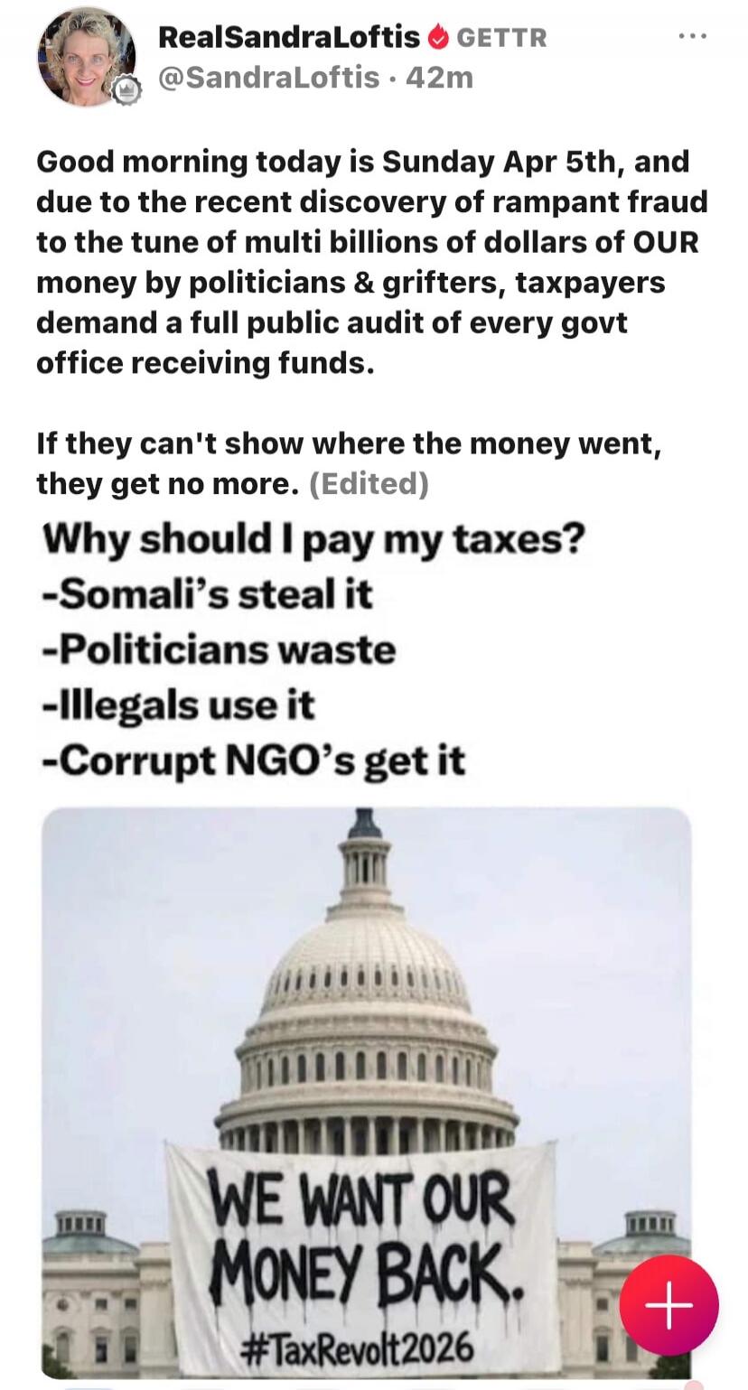 Good morning today is Sunday Apr 5th, and due to the recent discovery of rampant fraud to the tune of multi billions of dollars of OUR money by politicians & grifters, taxpayers demand a full public audit of every govt office receiving funds. If they can't show where the money went, they get no more. (Edited) Why should I pay my taxes? -Somali's st