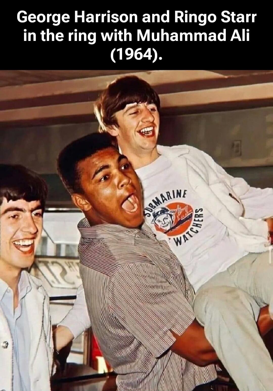 George Harrison and Ringo Starr in the ring with Muhammad Ali (1964).