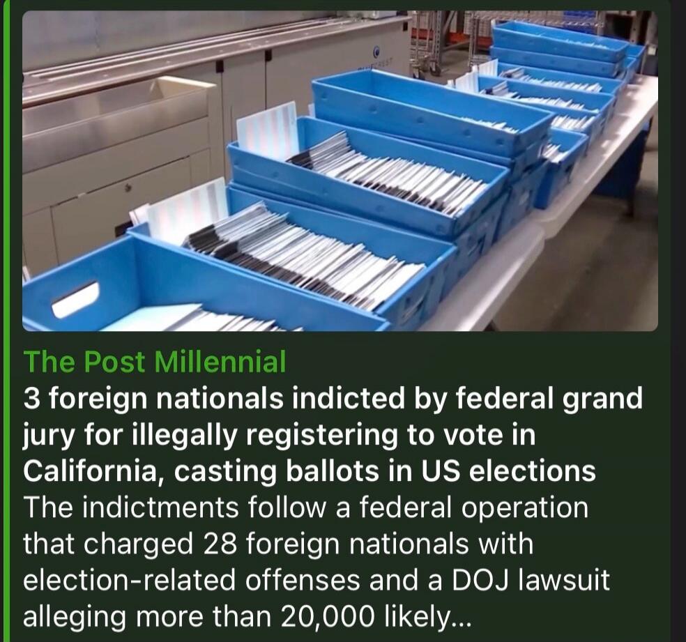 The Post Millennial 3 foreign nationals indicted by federal grand jury for illegally registering to vote in California, casting ballots in US elections The indictments follow a federal operation that charged 28 foreign nationals with election-related offenses and a DOJ lawsuit alleging more than 20,000 likely...