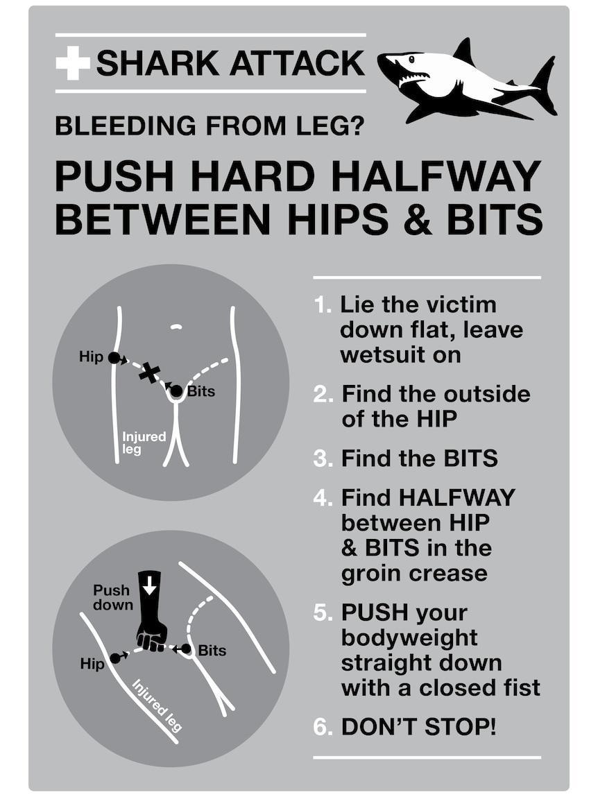 SHARK ATTACK 4 BLEEDING FROM LEG W PUSH HARD HALFWAY BETWEEN HIPS BITS Lie the victim down flat leave Hip wetsuit on Bits Find the outside of the HIP Find the BITS Find HALFWAY between HIP BITS in the groin crease Push Wg PUSH your bodyweight TR straight down with a closed fist DONT STOP