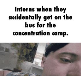 Interns when they accidentally get on the bus for the concentration camp