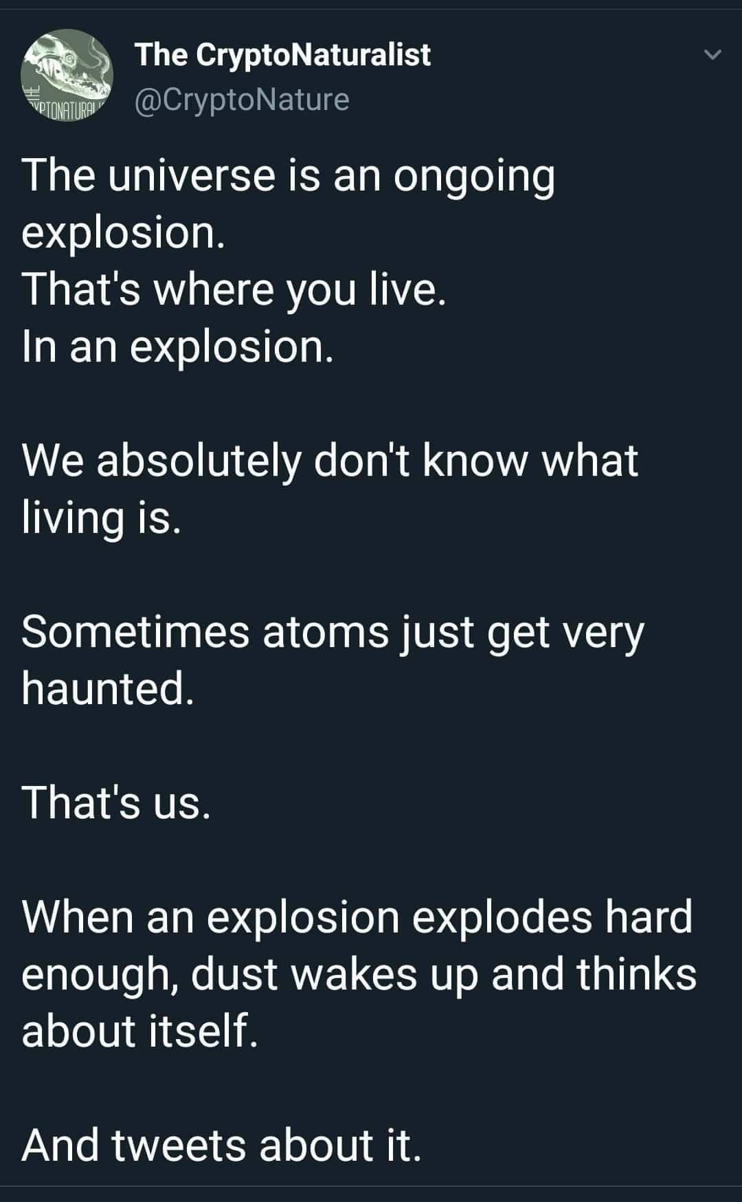 The CryptoNaturalist Sggw CryptoNature LG IEIEERER iRelgleelge explosion Thats where you live In an explosion We absolutely dont know what living is Sometimes atoms just get very haunted Thats us When an explosion explodes hard enough dust wakes up and thinks about itself And tweets about it