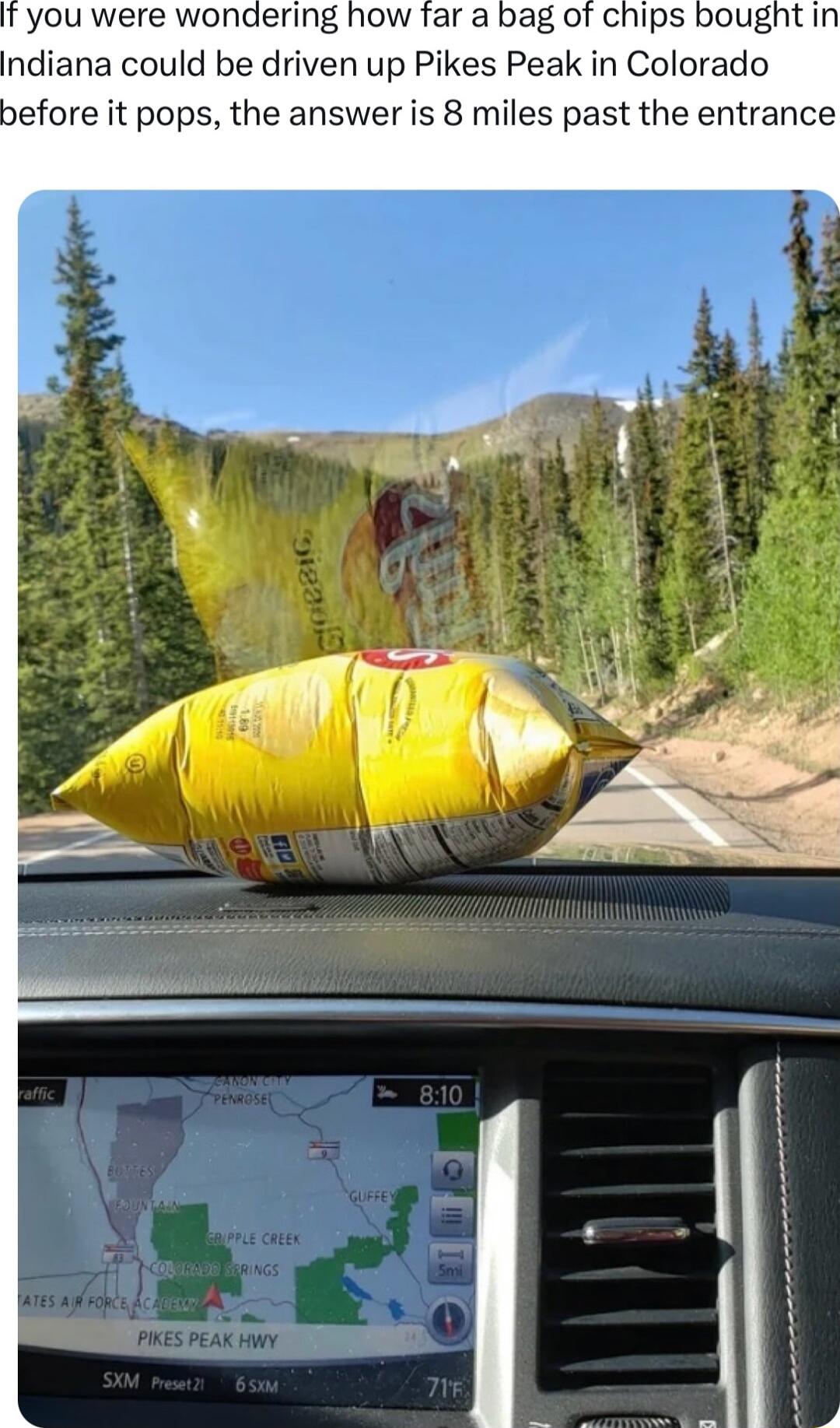 you were wondering how far a bag of chips bought in ndiana could be driven up Pikes Peak in Colorado before it pops the answer is 8 miles past the entrance