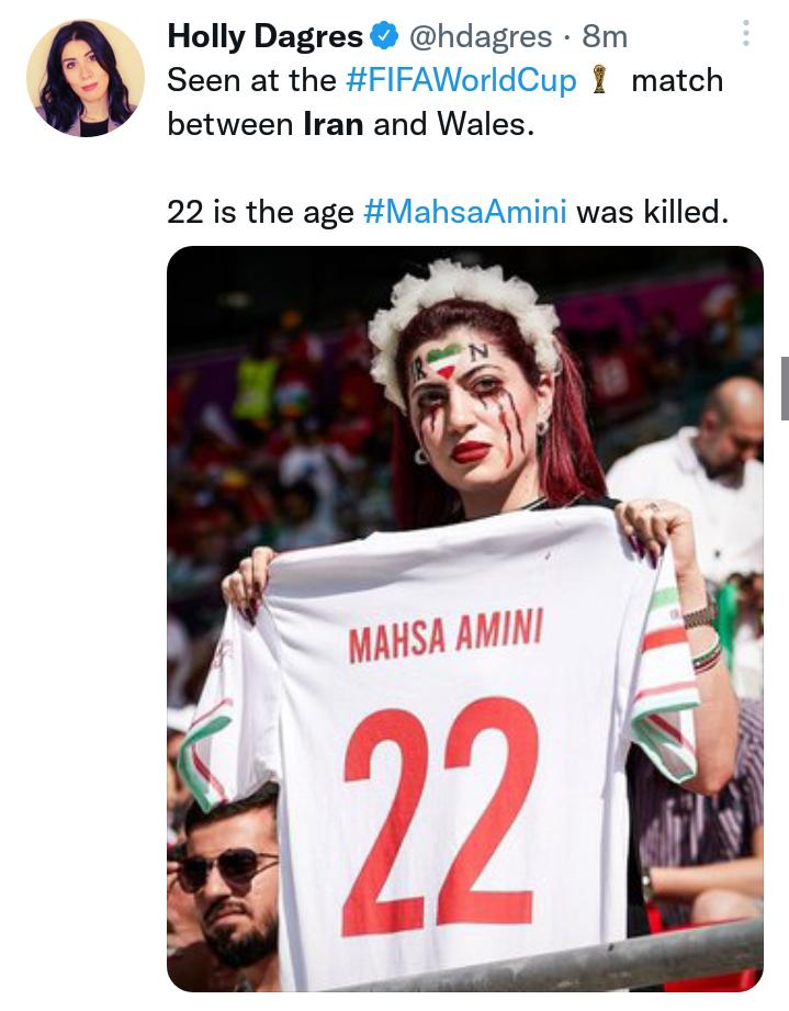 Holly Dagres hdagres 8m Seen at the FIFAWorldCup 1 match between Iran and Wales 22 is the age MahsaAmini was killed