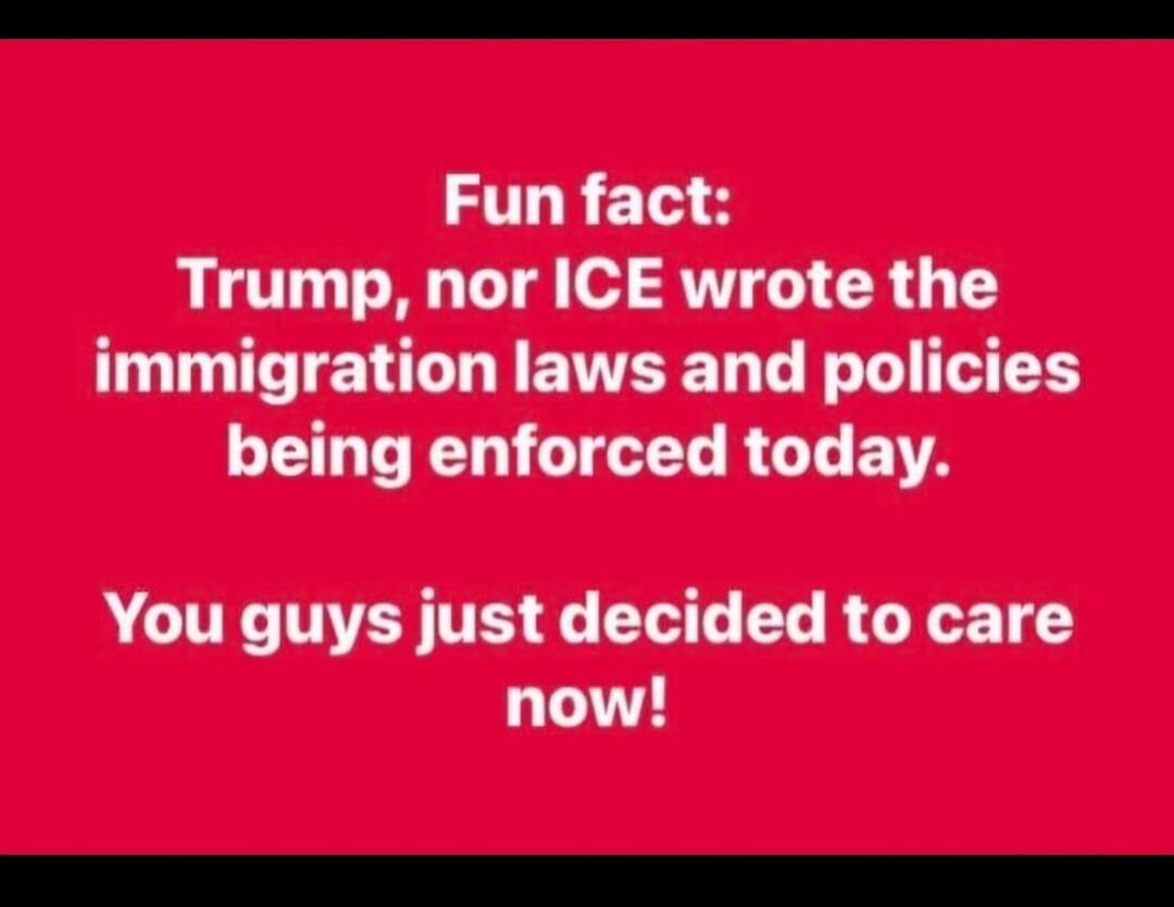 Fun fact: Trump, nor ICE wrote the immigration laws and policies being enforced today. You guys just decided to care now!