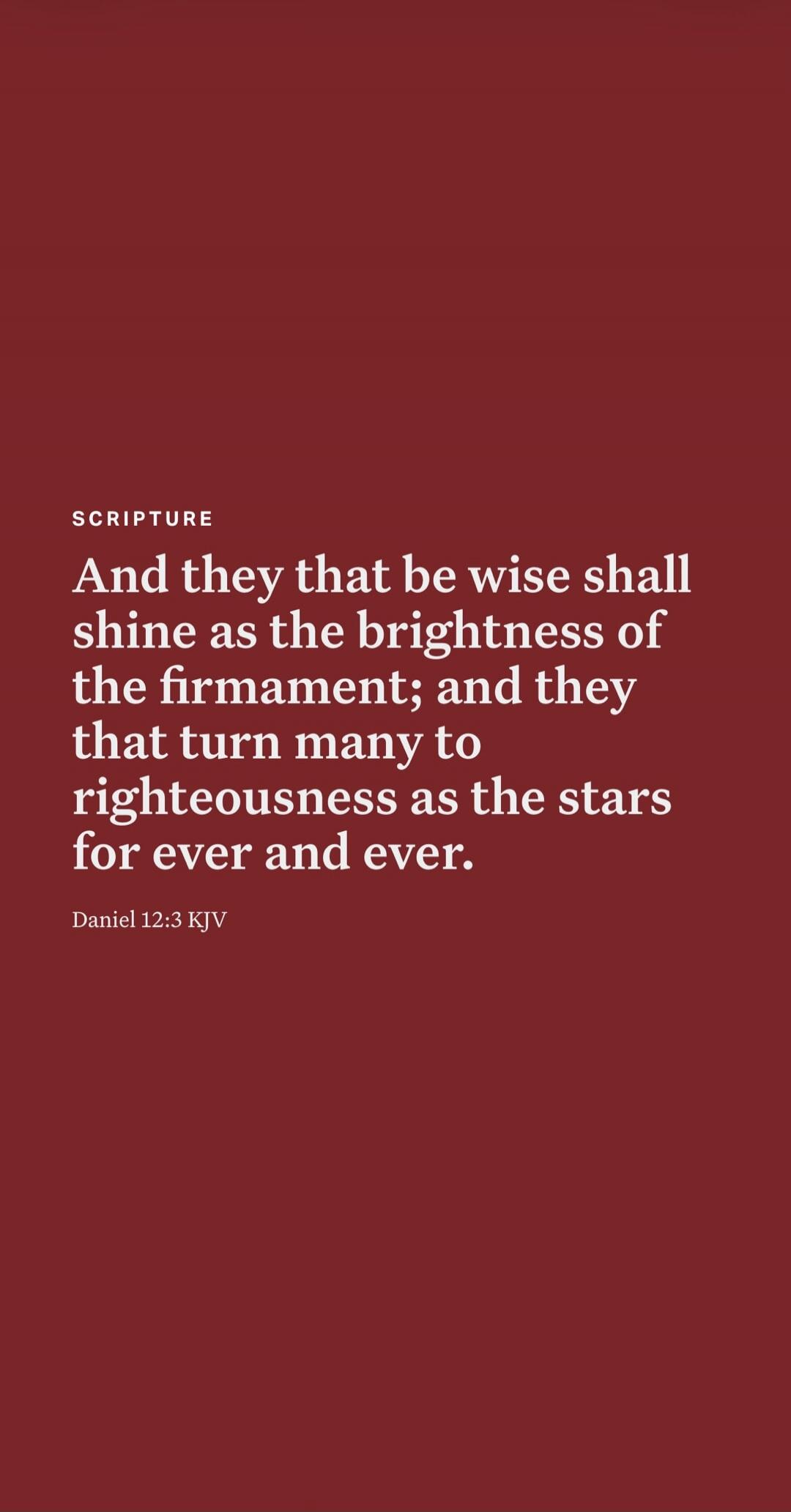 SCRIPTURE And they that be wise shall shine as the brightness of the firmament; and they that turn many to righteousness as the stars for ever and ever. Daniel 12:3 KJV
