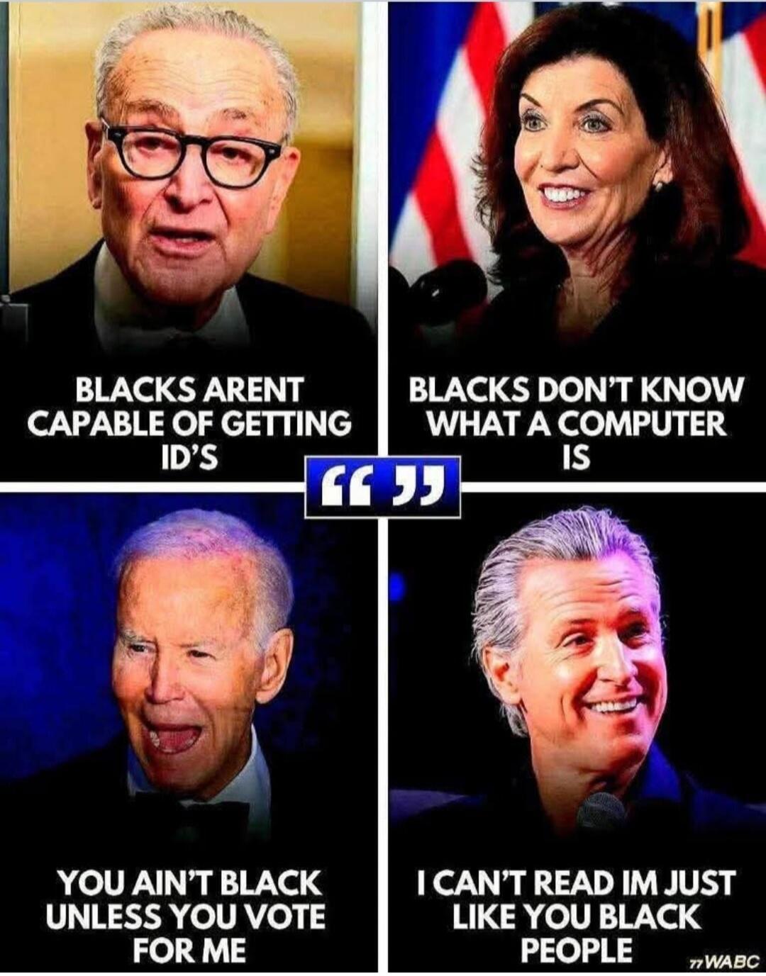 BLACKS AREN'T CAPABLE OF GETTING ID'S BLACKS DON'T KNOW WHAT A COMPUTER IS YOU AIN'T BLACK UNLESS YOU VOTE FOR ME I CAN'T READ IM JUST LIKE YOU BLACK PEOPLE 77WABC