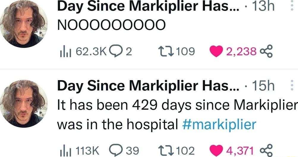 Day Since Markiplier Has 13h NOOOOOO000 1623KkQ2 11109 22388 Day Since Markiplier Has 15h It has been 429 days since Markiplier was in the hospital markiplier 113k O39 11102 4371 L
