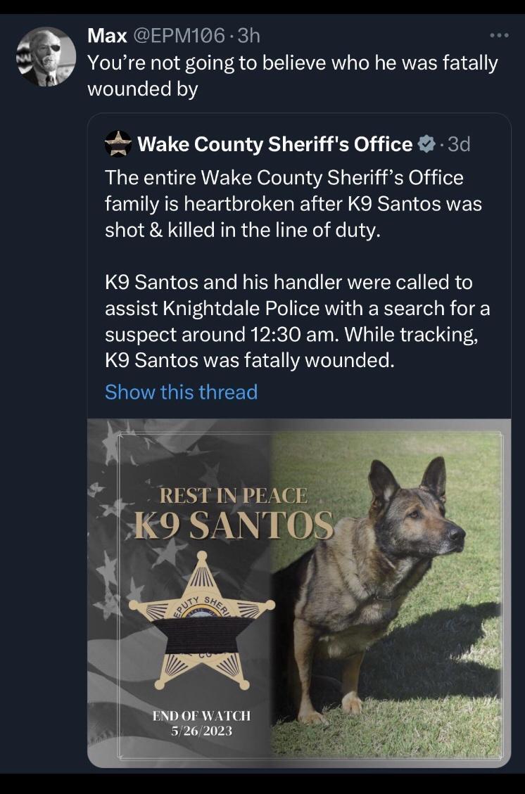 Max EPM106 3h Youre not going to believe who he was fatally wounded by A Wake County Sheriffs Office 3d The entire Wake County Sheriffs Office family is heartbroken after K9 Santos was shot killed in the line of duty K9 Santos and his handler were called to assist Knightdale Police with a search fora suspect around 1230 am While tracking CREGICERERS E1ET AT R GTERGIEET NS A9 SAN A