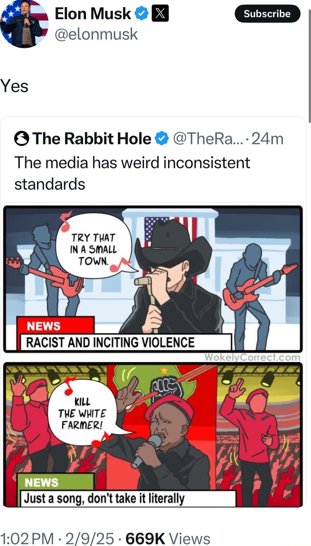 elonmusk Elon Musk B3 Yes The Rabbit Hole TheRa 24m The media has weird inconsistent standards TRY TUAT INA SMALL TOWN B VIOLENCE 102PM 2925 669K Views