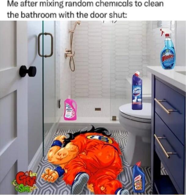 Me after mixing random chemicals to clean the bathroom with lhc door shul