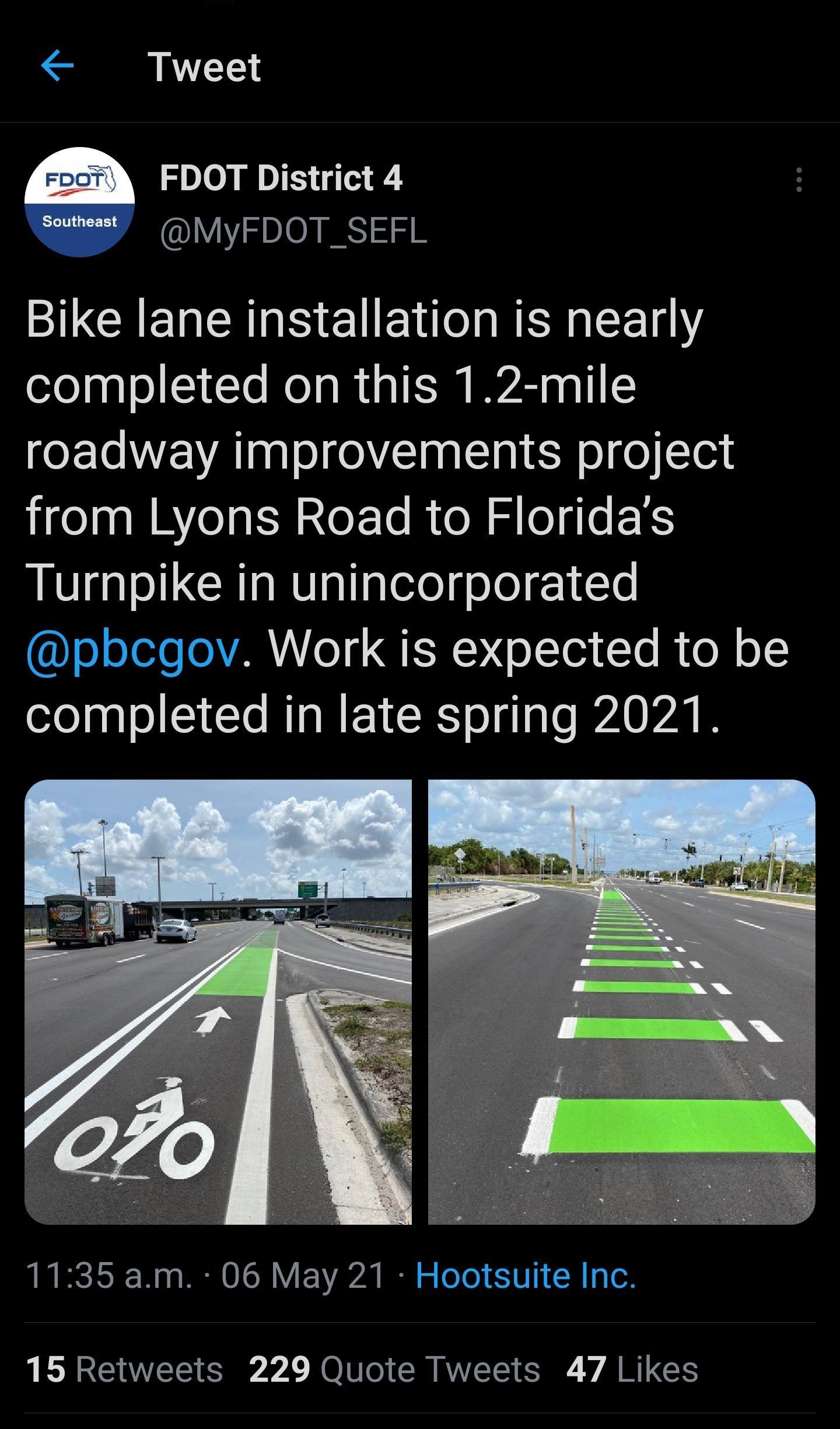 Tweet FDOT District 4 MyFDOT_SEFL I GCRENCEI N CUE T WER 1 completed on this 12 mile roadway improvements project from Lyons Road to Floridas LV gl JLGCRIa RS allgefefoJo 1 10 ooleleoAR o QNN LT le Mo o completed in late spring 2021 1135am 06 May 21 Hootsuite Inc L G EE Y YA NN CRACE SO YARIGE