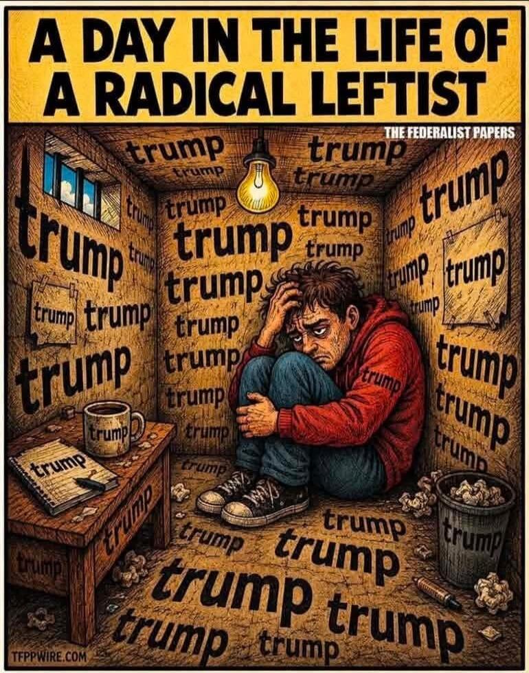 A DAY IN THE LIFE OF A RADICAL LEFTIST. THE FEDERALIST PAPERS. TRUMP. TFPPWIRE.COM. The word 'Trump' is written repeatedly on the walls, floor, a coffee mug, a notebook, and crumpled papers in a trash can. A distressed man sits in a small room, holding his head.