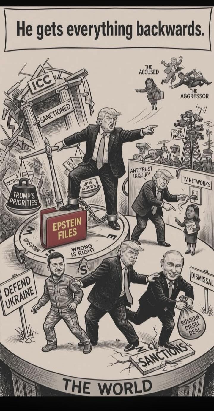 He gets everything backwards. ICC SANCTIONED VICTIMS TRUMP'S PRIORITIES UP IS DOWN EPSTEIN FILES WRONG IS RIGHT THE ACCUSED THE AGGRESSOR FREE PRESS ANTITRUST INQUIRY TV NETWORKS CORNELL CASE DEFEND UKRAINE DISMISSAL RUSSIAN DIESEL DEAL SANCTIONS THE WORLD