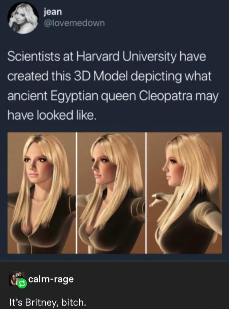 jean lovemedown Scientists at Harvard University have created this 3D Model depicting what ancient Egyptian queen Cleopatra may have looked like fncalm raa Its Britney bitch