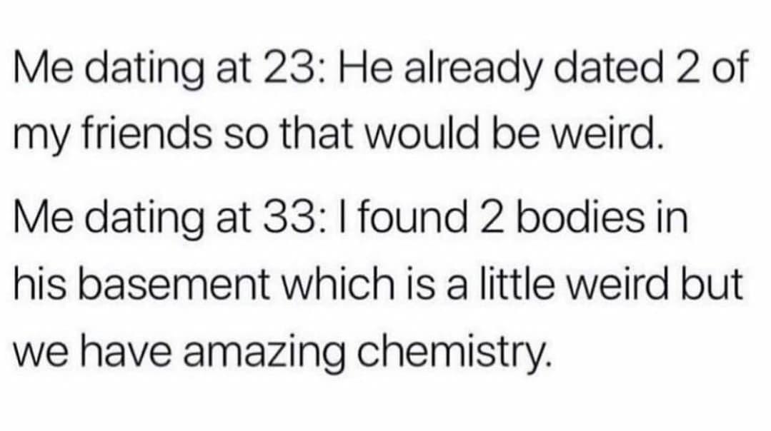 Me dating at 23 He already dated 2 of my friends so that would be weird Me dating at 33 found 2 bodies in his basement which is a little weird but we have amazing chemistry