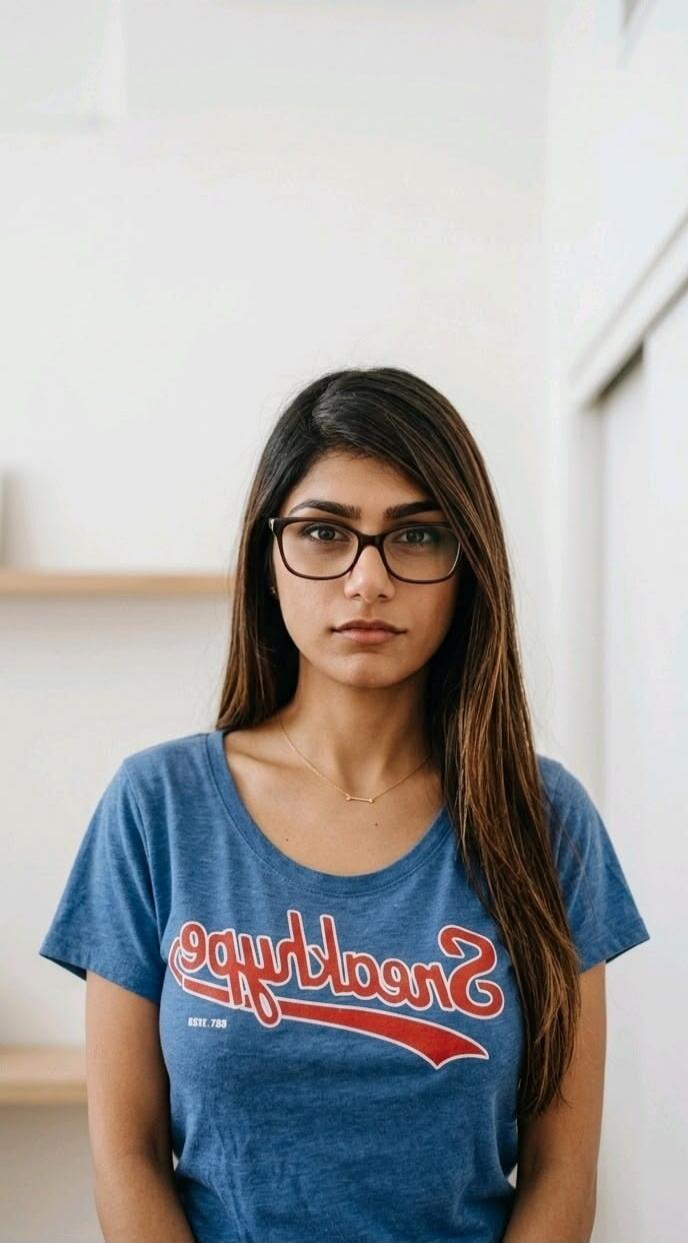 A woman with long dark hair and glasses wearing a blue t-shirt with red and white text that reads 'EST. 788' and a stylized, mirrored word.