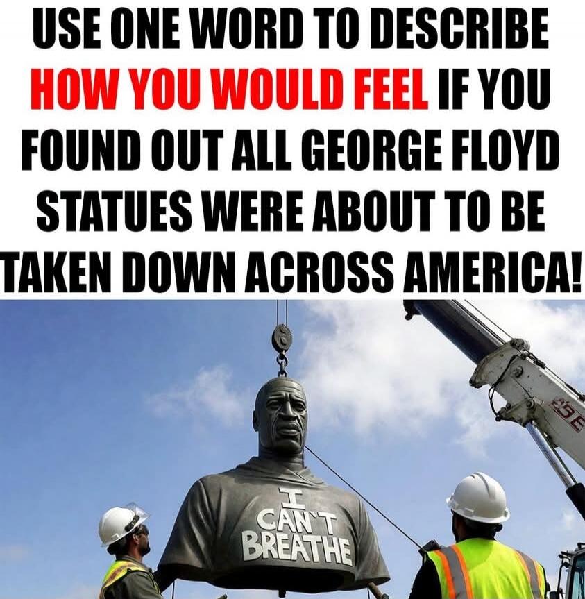 USE ONE WORD TO DESCRIBE HOW YOU WOULD FEEL IF YOU FOUND OUT ALL GEORGE FLOYD STATUES WERE ABOUT TO BE TAKEN DOWN ACROSS AMERICA! I CAN'T BREATHE