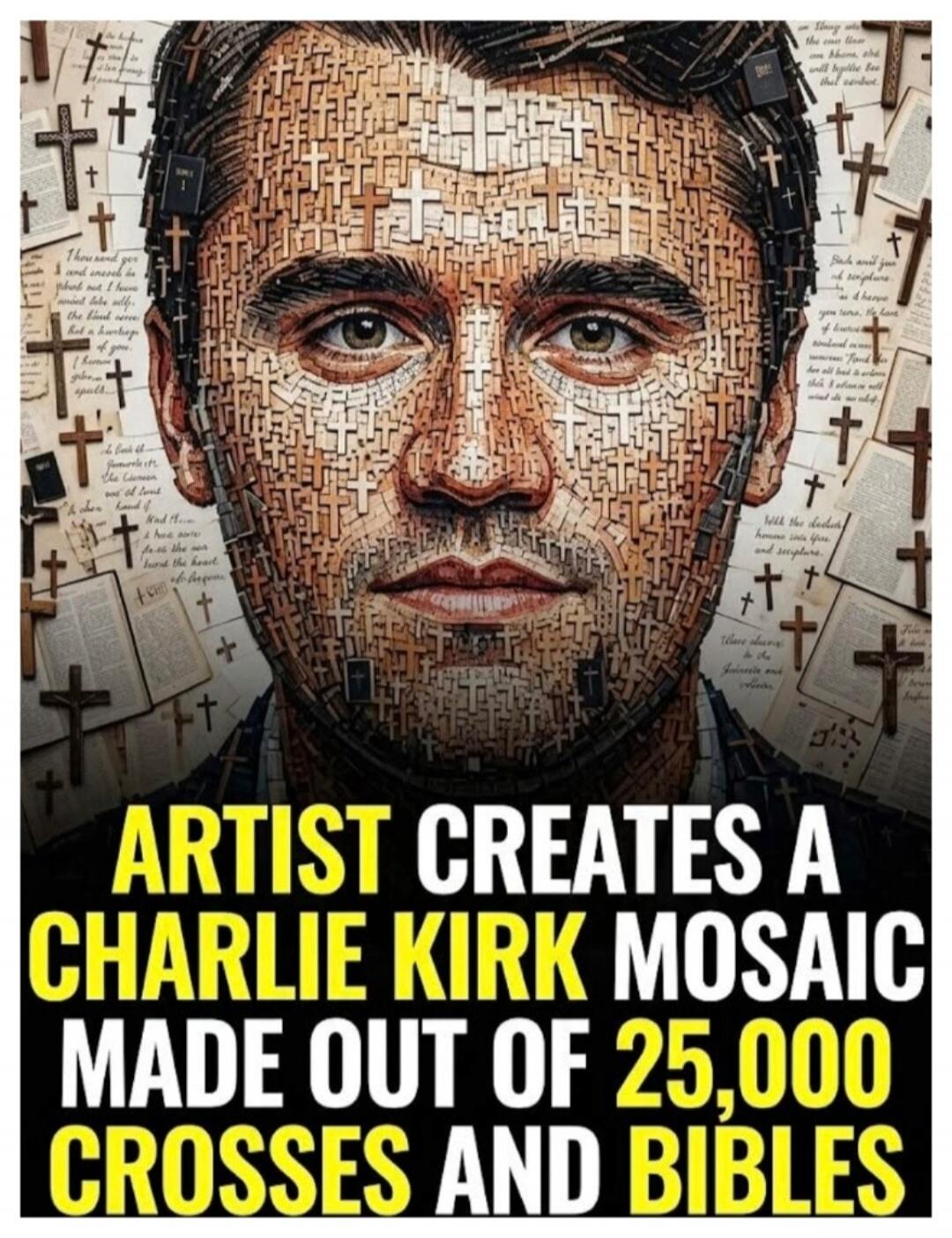 Artist creates a Charlie Kirk mosaic made out of 25,000 crosses and Bibles.