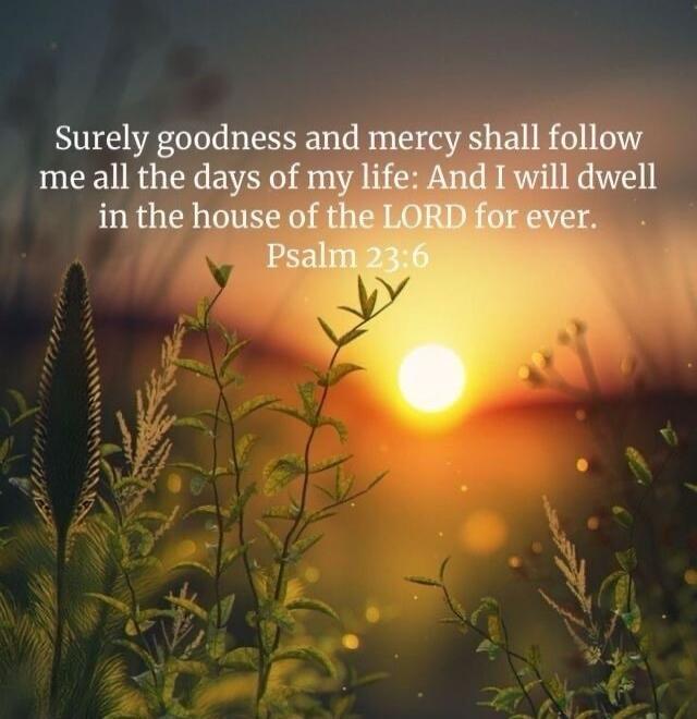 Surely goodness and mercy shall follow me all the days of my life: And I will dwell in the house of the LORD for ever. Psalm 23:6