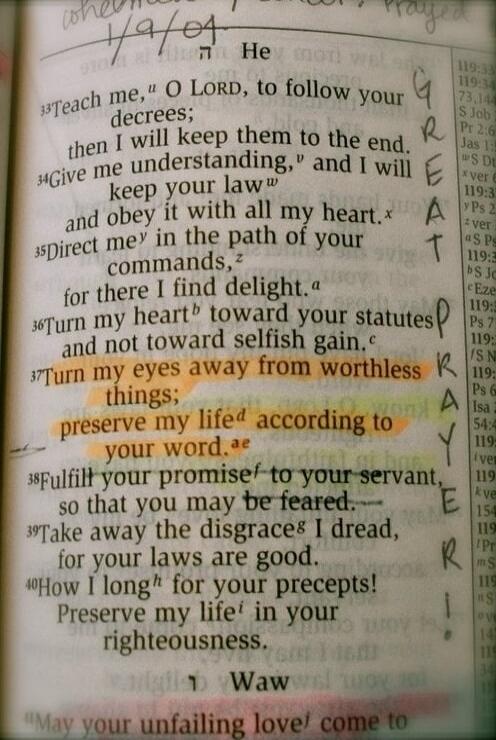 Teach me, O LORD, to follow thy decrees; then I will keep them to the end. Give me understanding, and I will keep thy law and obey it with all my heart. Direct me in the path of thy commands, for there I find delight. Turn my heart toward thy statutes and not toward selfish gain. Turn my eyes away from worthless things; preserve my life according t