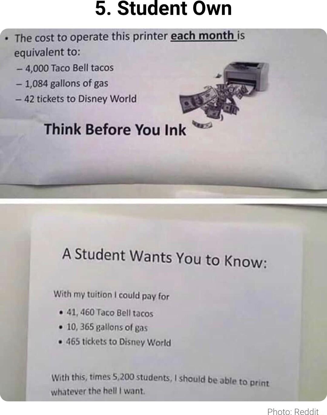 9 Student Own The cost to operate this printer each month is equivalent to 4000 Taco Bell tacos 1084 gallons of gas 42 tickets to Disney World h Think Before You Ink P A Student Wants You to Know With my tuition could pay for 41460 Taco Bell tacos 10365 gallons of gas 465 tickets to Disney World With this tmes 5200 students should be able to prng whatever the hell want